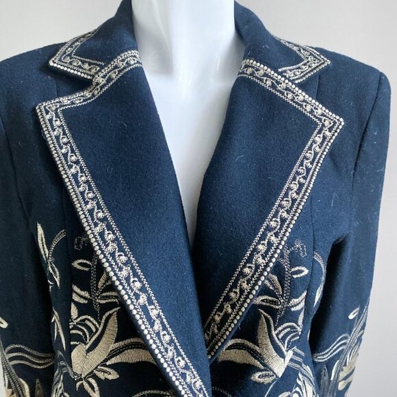 Nygard Collection Black Wool Gold Floral Embroidery Blazer M - Picture 5 of 8
